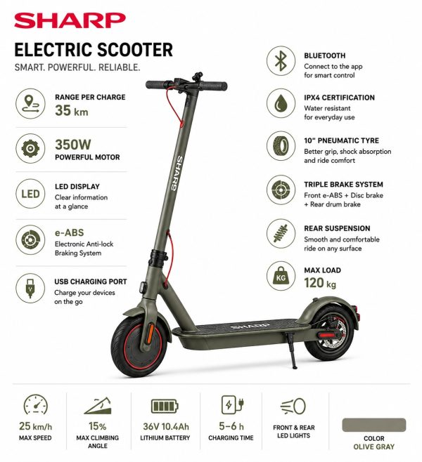 Sharp Електрически скутер 350W Olive Gray — снимка 5