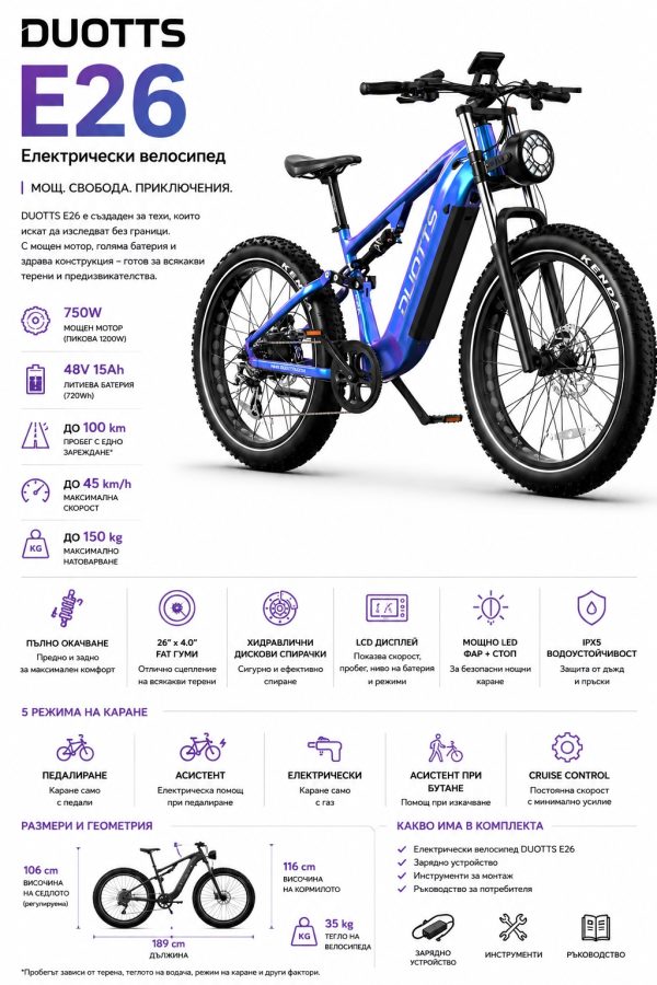 DUOTTS E26 Electric Bike Blue-Purple електрически велосипед DUOTTS E26 Електрически велосипед Blue-Purple — снимка 5